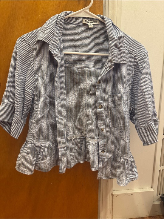 Steve Madden Tops - Steve Madden Women’s Blue & White Striped Ruffle Hem Button-Up Top